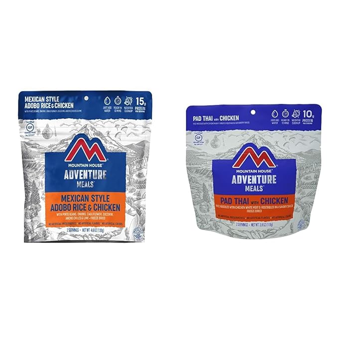 Mountain House Mexican Style Adobo Rice, Chicken, and Pad Thai with Chicken Freeze Dried Backpacking & Camping Food Bundles (2 Servings)