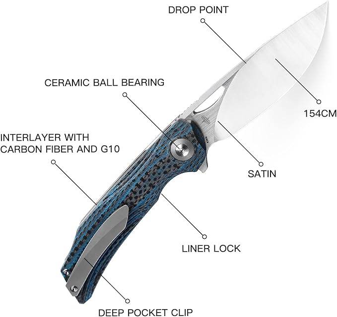 BESTECH KNIVES Pocket Folder Folding Knife: 3.54" 154CM Steel Satin Blade, Carbon Fiber and G10 Scales, Flipper, Liner Lock, EDC Titanium Clip, BL01B (Black Blue)