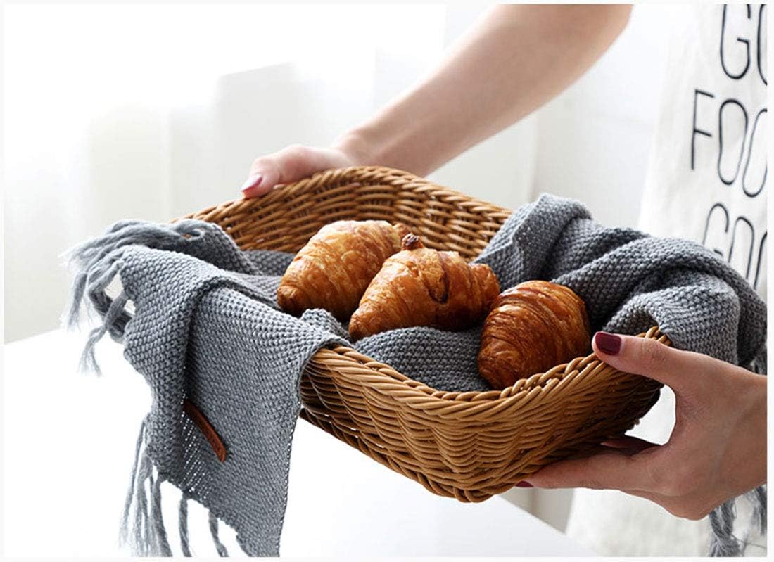 12" Poly Wicker Bread Basket, Hand Woven Food Storage Room Organizer, Fruits, Vegetables and Snacks Tabletop Food Serving Basket, Restaurant, Hotel Service, Brown