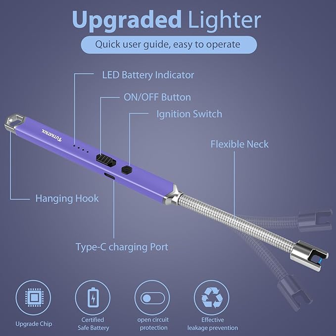 Electronic Candle Lighter Arc Windproof Flameless USB Rechargeable Electric Lighter (1 Pack - Purple)