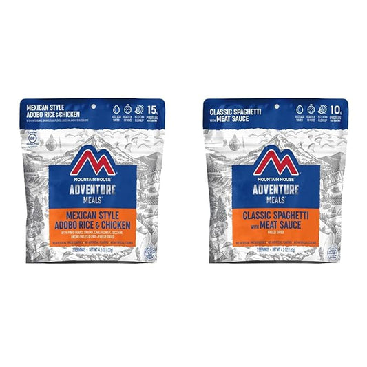 Mountain House Mexican Style Adobo Rice & Chicken, 2-Servings | Gluten-Free & Classic Spaghetti with Meat Sauce | Freeze Dried Backpacking & Camping Food |2 Servings