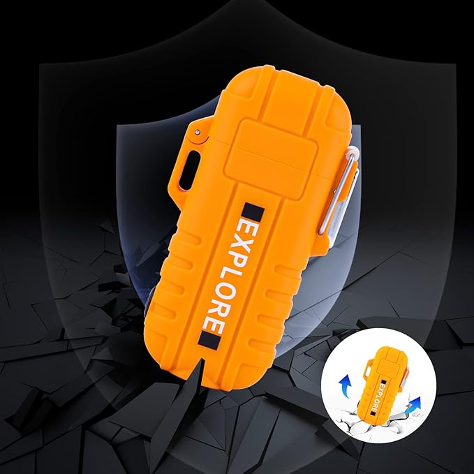 LcFun Arc Plasma Waterproof Lighter Electric Windproof Lighter USB Type C Rechargeable Flameless Cool Lighters with Flashlight and Whistle for Camping, Survival,Outdoor Adventure, Tactical (Orange)