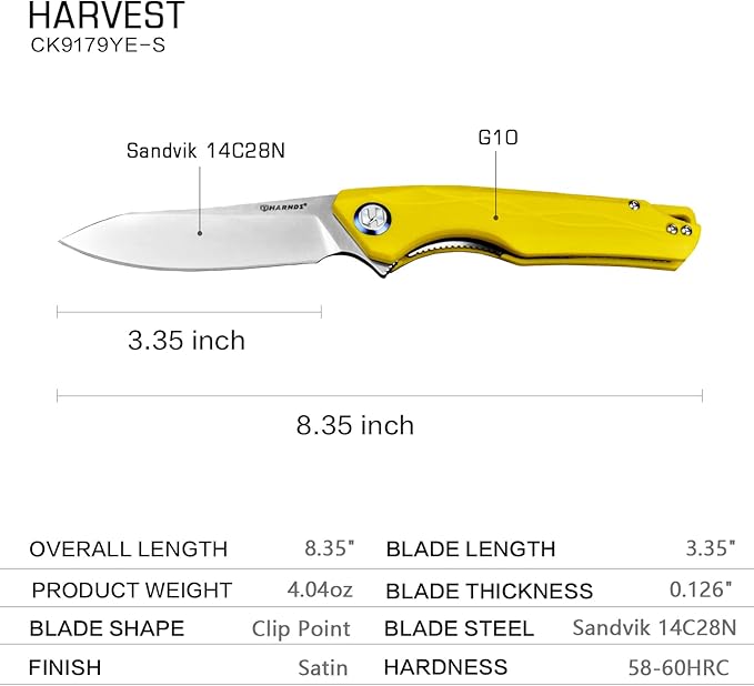 Harvest Pocket knife with Sandvik 14C28N Steel Folding Knife with G10 Handle for Camping Hunting Surviral (Yellow)