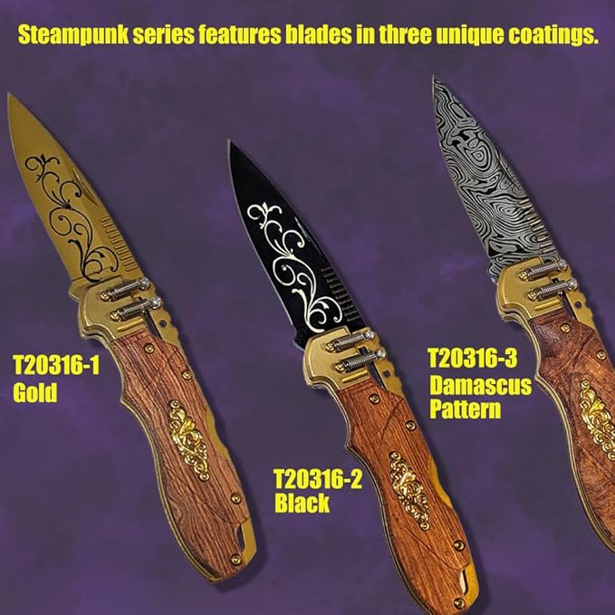 NLX 8" Steampunk Design Lockback Pocket Folding Knife With Coated 420 Stainless Steel Blade. For Collection, Everyday Ccarry and Outdoor Activity Tool Knife (Damascus)