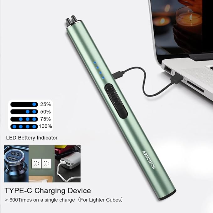 ARECTECH Electric Candle Lighter Rechargeable Lighter Arc Plasma Lighters for Candle Kitchen Camping Christmas Type-C Green