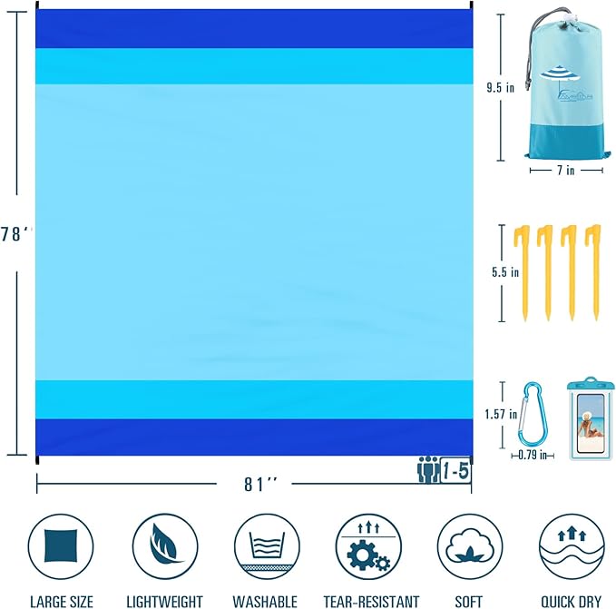 Beach Blanket Sandproof Waterproof 78''×81''1-5 Adults Oversized,Compact Lightweight Durable Beach Mat for Travel Camping Hiking Picnic Blanket