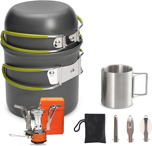 Camping Cookware Set Portable Backpacking Stove Kit, Mini Camp Stove with Non-Stick Lightweight Pots Pans and Stainless Steel Fork Knife Spoon for Outdoor Camping Hiking Cooking Gear