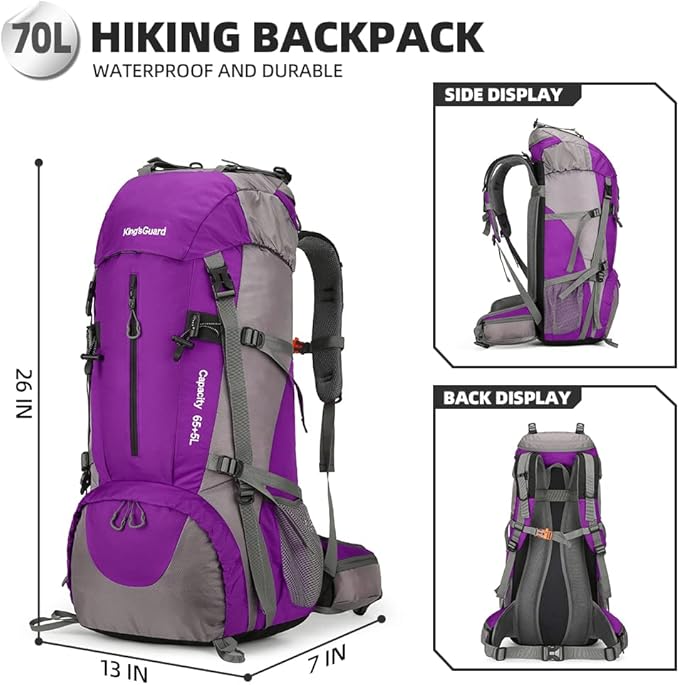 King'sGuard 70L Hiking Backpack Large Lightweight Waterproof Camping Backpack Travel Backpacking Backpack Daypack with Rain Cover -Frameless (Purple)