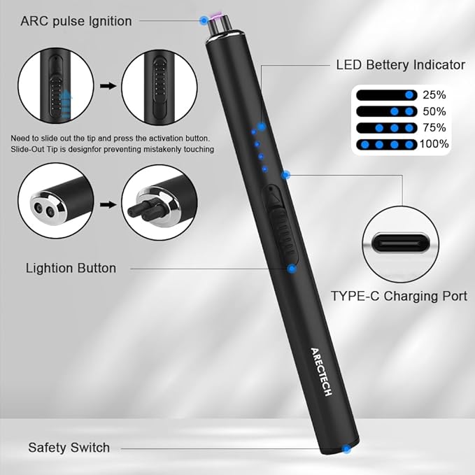 ARECTECH Electric Candle Lighter Rechargeable Lighter Arc Plasma Lighters for Candle Kitchen Camping Christmas Type-C Black