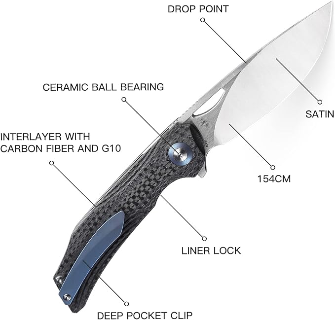 BESTECH KNIVES Pocket Folder Folding Knife: 3.54" 154CM Steel Satin Blade, Carbon Fiber and G10 Scales, Flipper, Liner Lock, EDC Titanium Clip, BL01A (Black Desert)
