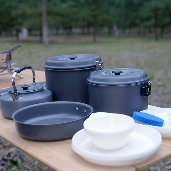 Bulin 24/13/11/8/4 PCS Camping Cookware Mess Kit Lightweight Backpacking Cooking Set Outdoor Cook Gear for Family Hiking, Picnic(Kettle, Pot, Frying Pan, Bowls, Plates, Spoon)