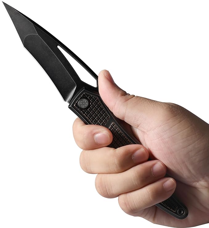 Knife Ripback Thumb Hole Knife,3.85" Stonewashed M390 Blade,4.84" Titanium Scale Handle Frame Lock Folding Knife,Reverse Grip Pikal Knife,4.63oz EDC Knife Pocketclip (Red)