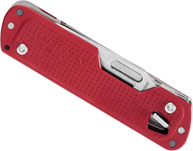 LEATHERMAN, Free T4 Multitool and EDC Knife with Magnetic Locking and One Hand Accessible, Built in The USA, Stainless, Crimson