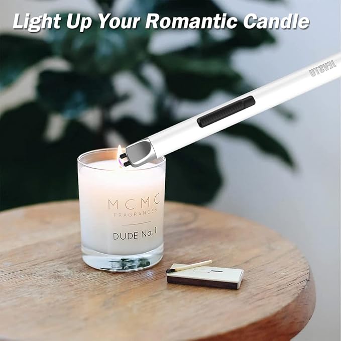 Candle Lighter, Electric Lighter USB Rechargeable Lighter, Arc Windproof Flameless Plasma Lighter Long Stick with Rope and Ring, Perfect for Candle BBQ Camping Kitchen Stove, White