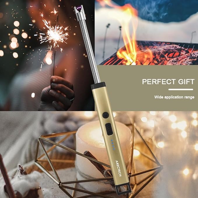 ARECTECH Lighter Candle Lighter Electric Lighter Rechargeable USB Arc Lighters for Candle Camping Cooking Fireworks Christmas Birthday Gifts with LED Light for Men Women Gold