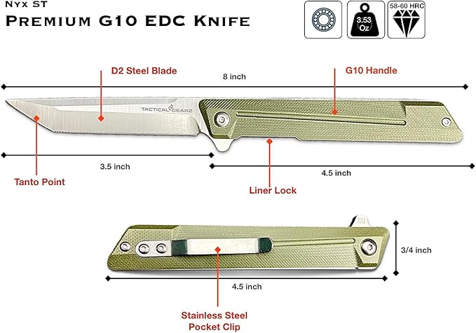 TACTICAL GEARZ EDC Pocket Folding Knife with G10 Handle - Tanto D2 Steel Blade (Nyx ST Olive)
