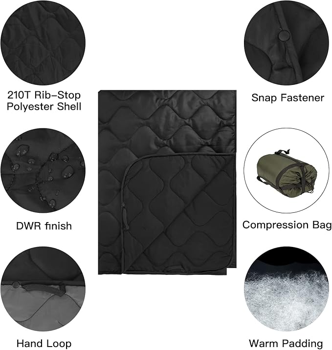 Military Poncho Liner 55”x 79” Camping Blanket Woobie Compact Waterproof for Travel Stadium Outdoor Camping