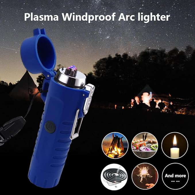 Electric Lighter Rechargeable, Waterproof Lighter Plasma Lighter with Flashlight Windproof ARC Lighter Flameless for Camping Hiking(Blue)