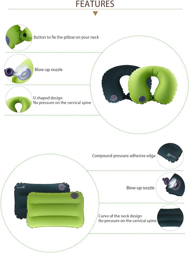 AceCamp Inflatable Air Pillow-Comfortable, Lightweight, Compact, Portable, and Perfect for Backpacking, Car Camping, and Even Airplane Travel (Green-u)