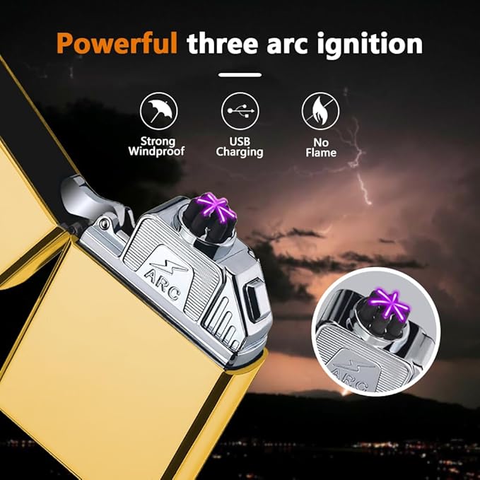 Electric Lighter USB C Rechargeable Lighter Six Plasma Arc Lighter Cool Unique Lighter Windproof Flameless Lighter with High Power Battery Electronic Lighter for Candle, Fireworks, Incense (Gold)