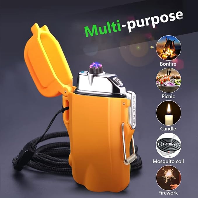 GADATOP Electric Lighter, Outdoor Waterproof Double arc Lighter Windproof Lighter, Rechargeable USB Lighter flameless Plasma Lighter with LED Torch with Lanyard, Suitable for Camping, Hiking (Orange)
