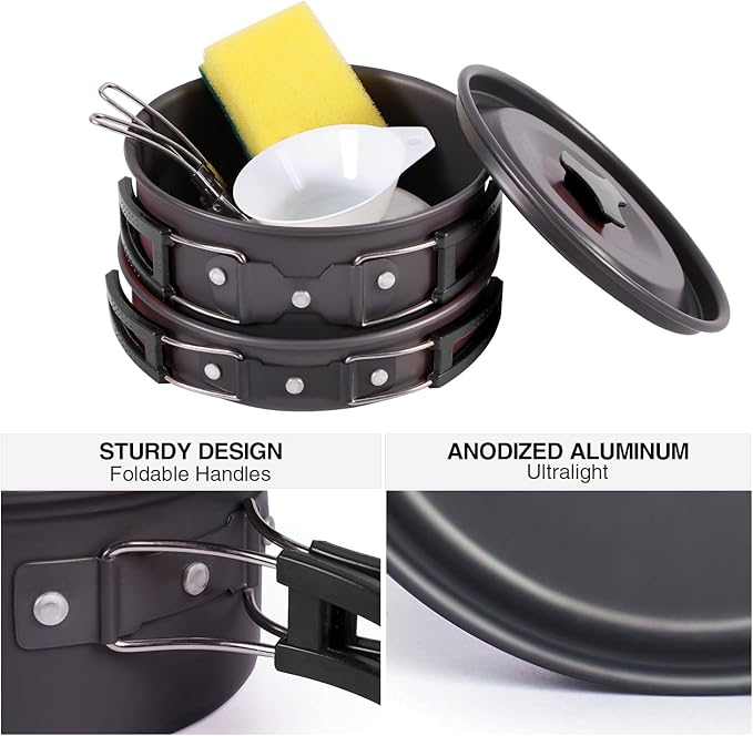 REDCAMP 11/12/17/22 PCS Camping Cookware Mess Kit, 800ml (28oz) Backpacking Camping Pot+Pan Set, Lightweight and Compact Cookware for Hiking, Picnic and Camping