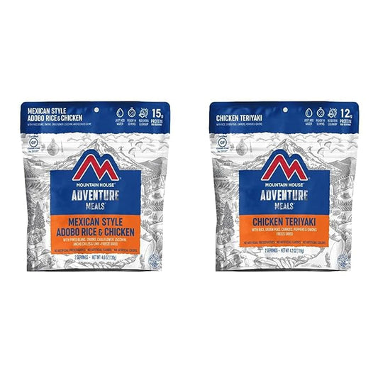 Mountain House Mexican Style Adobo Rice, Chicken & Teriyaki Meals | Freeze Dried Backpacking & Camping Food Bundles | 2 Servings Each