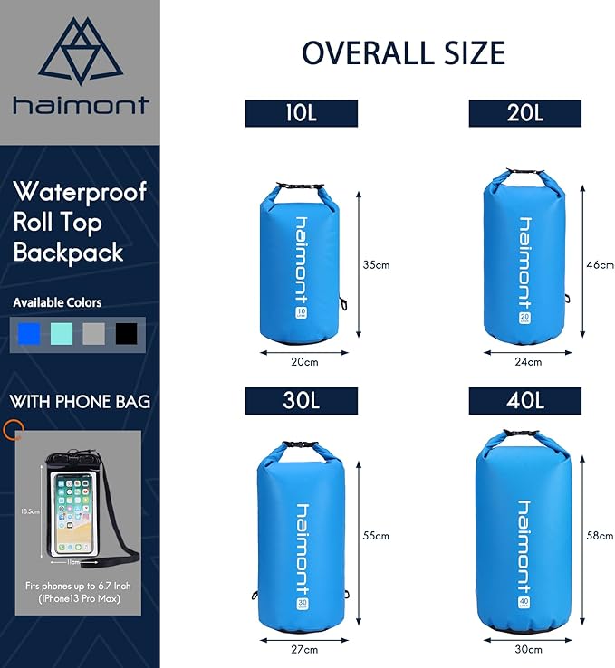 Haimont Waterproof Dry Bag Floating Dry Sack Roll Top Drybag Backpack for Kayaking, Rafting, Boating, Fishing with IPX8 Waterproof Phone Case, Blue, 40L