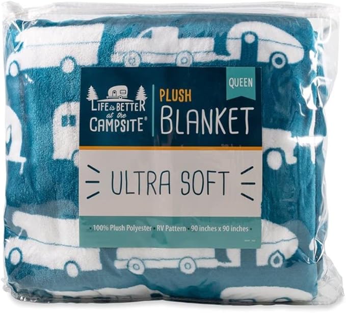 Camco 53440 Life is Better at The Campsite Plush Fleece Blanket, Queen Size - Keeps You Warm While at Home, Camping or on Picnics - Machine Washable - Features a Brand RV Print, Blue