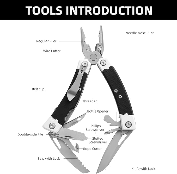 G10 Handle Multitool Pliers with YG10 Tungsten Steel Replaceable Wire Cutters 12 in 1 Multi Tool Pocket Knife with Safety Lock,Saw,Bottel Opener for Camping,Survival with Nylon Sheath (black)