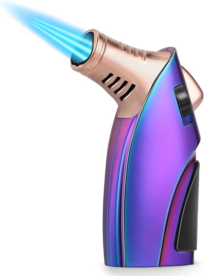 Torch Lighter, Windproof Triple jet Flame Butane Lighter with Safety Lock, Adjustable Flame Refillable Pocket Lighter for Kitchen Outdoor Use, Zinc Alloy - Rainbow Colored (Butane Not Included)