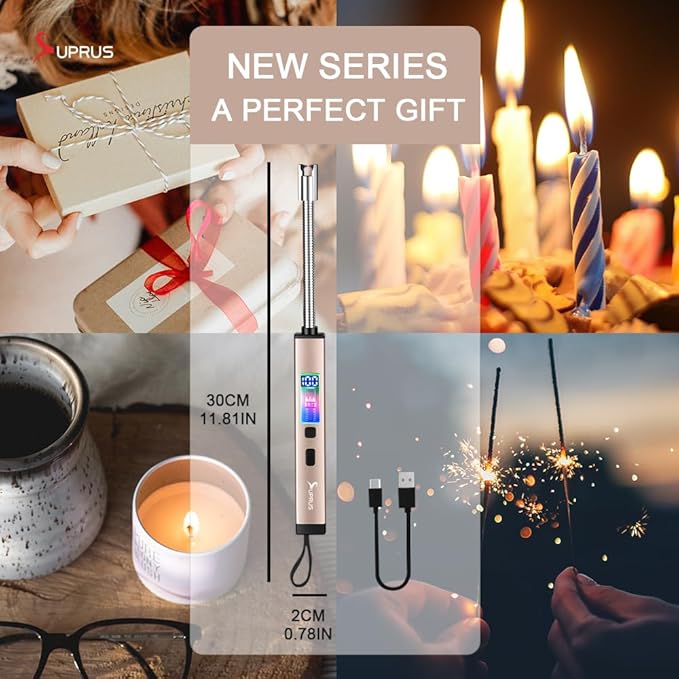 SUPRUS Electric Candle Lighter USB-C Rechargeable with Digital Battery Display Ambient Lighting Safety Switch 360° Flexible Neck Flameless Plasma Windproof Perfect for Candle BBQ Camping (Gold)