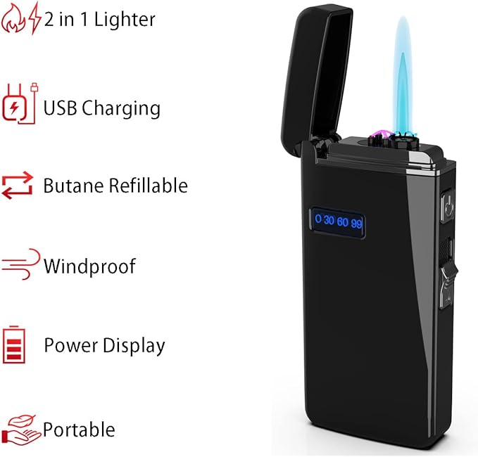 Windproof Dual Arc Lighter Rechargeable Torch Lighter USB Inflatable Jet Flame Lighter Refillable Brush Black Color for Kitchen BBQ