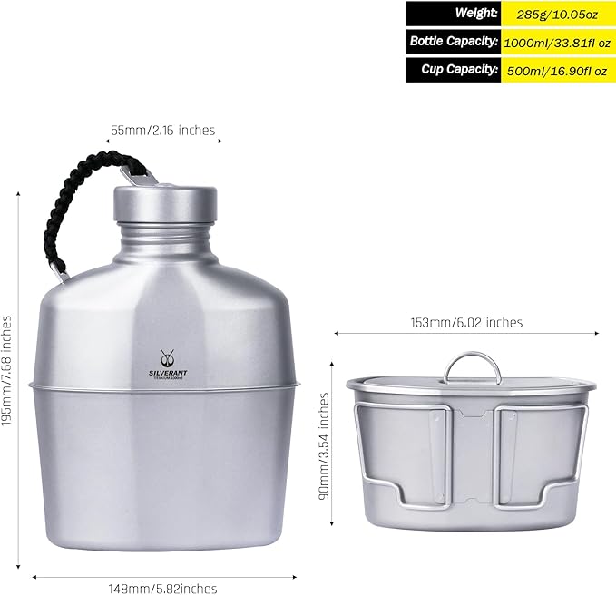 Camping Canteen Titanium Military Canteen Mess Kit Ultralight Camping Mug with Carry Pouch & Cup Foldable Handle -Bottle 1000ml, Cup 600ml