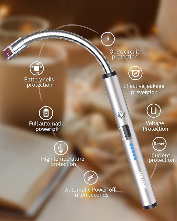 VEHHE USB Lighter, Rechargeable Arc Candle Lighter with LED Battery Display Flexible Neck Lighters Long for Grill Candles Gas Stoves Camping Barbecue