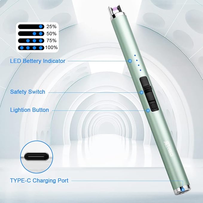 USB Rechargeable Candle Lighter Electronic Arc Lighter Windproof Flameless with Safety Button for Camping Cooking BBQ (Green)