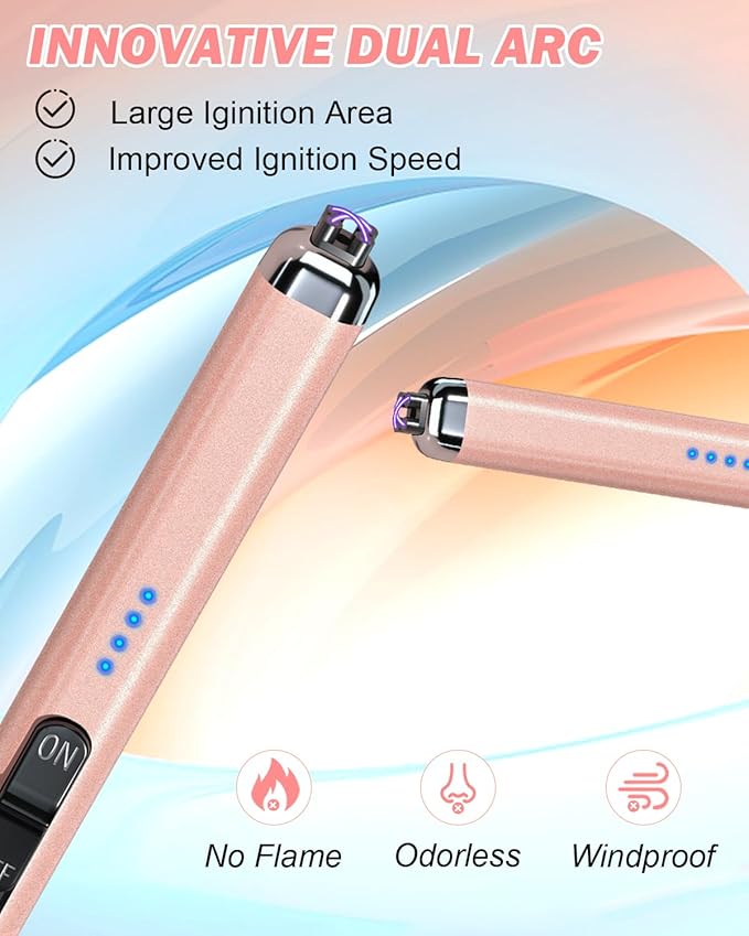 Electric Candle Lighter Rechargeable Lighters - Dual Arc Plasma Lighter Windproof & Flameless with Double Safety Switch(Rose Gold)