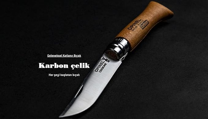 Opinel No. 03 Carbone - Carbon Steel Folding Pocket Knife, Beechwood Handle, Iconic Simple Design, Non-Locking, Made in France Since 1890