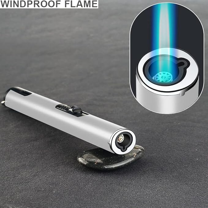 Jet Torch Lighter, Refillable Butane Lighter with Visible Window, Windproof Candle Lighter for BBQ, Camping, Stove, Kitchen Cooker, Hobs, Men Gifts (Gas Not Included) (Silver)