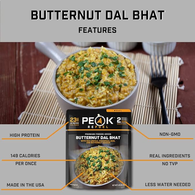 Peak Refuel Butternut Dal Bhat | Freeze Dried Backpacking and Camping Food | Amazing Taste & Quality | High Protein | Real Meat | Quick Prep (6-Pack)