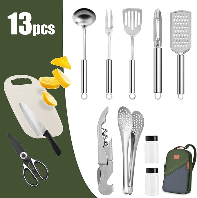 Extremus 13 Pcs Camp Kitchen Cooking Utensil Set Cookware Kit - Travel Organizer Grill Accessories Portable Compact Gear for Backpacking BBQ Camping Travel,Combat Green