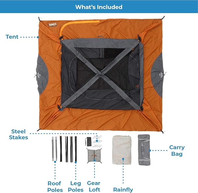 CORE Tent for Family Camping | 4 Person & 6 Person Portable Camp Tent with Carry Bag for Outdoor Car Camping | Included Gear Loft Organizer for Camp Accessories