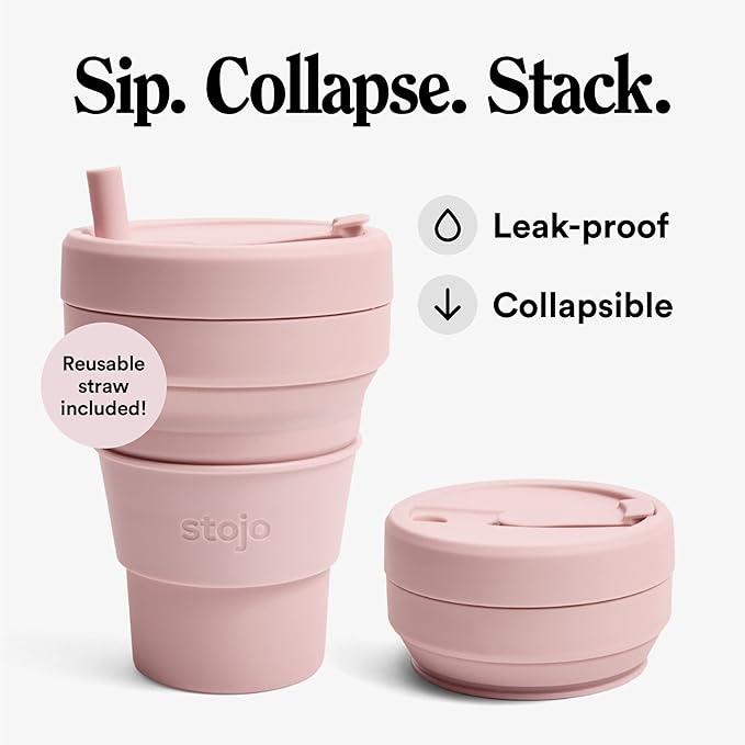 STOJO Titan Collapsible Travel Cup With Straw - Carnation Pink, 24oz / 710ml - Reusable To-Go Pocket Size Silicone Cup for Hot & Cold Drinks - Camping and Hiking - Microwave & Dishwasher Safe