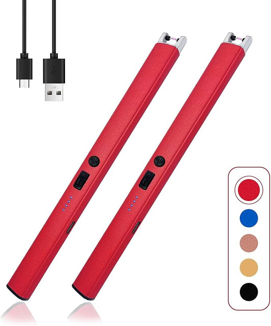 2 PCS Candle Lighter,Windproof Flameless Electric Lighter with LED Power Display & Safety Switch, Upgraded Plasma USB Rechargeable Lighter for Birthday Camping BBQ (Red)
