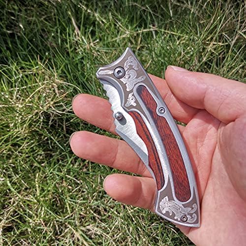 Premium Folding Knife - 7.5cm Blade, Laser Patterned Steel & Wood Handle, 57HRC Hardness, Thumb Stud Open - 19.5cm Full Length