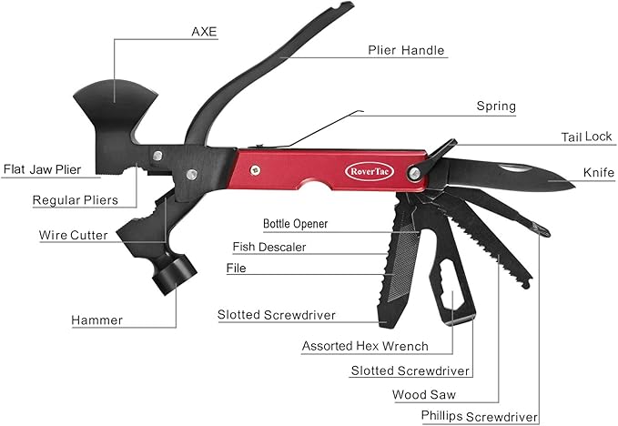 RoverTac Camping Essentials, Multi Tool Axe Hatchet Camping Gear, 14-in-1 Multitool Knife Hammer Pliers Saw Bottle Can Opener Screwdriver, Multitool for Camping Hiking Survival, Gifts for Men Him Dad