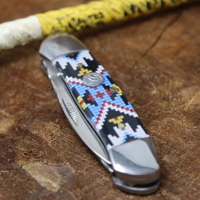 WHISKEY BENT HAT CO. Traditional Canoe Folding Pocket Knife w/Filework 3.63" Closed Length 440C Stainless Steel Blades (Sky Bead)