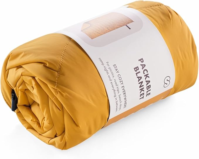 Huzi Infinity Travel - Packable Blanket - Puffy - for Travel Outdoor Picnic Trip Camping Beach - 57 x 38 (Ochre Yellow)