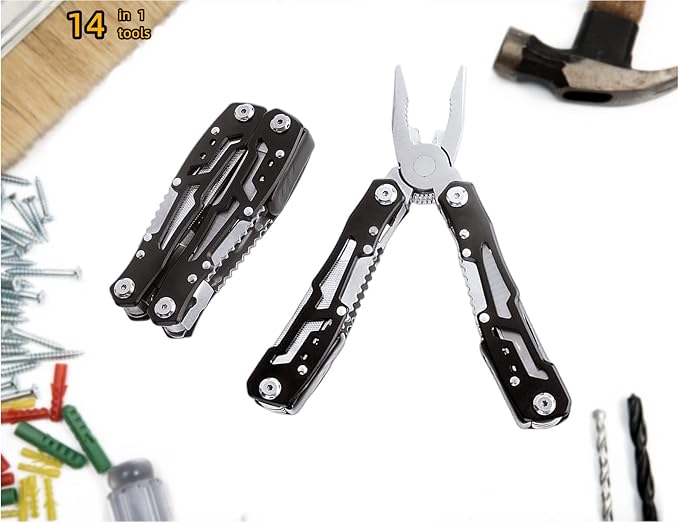 Multitool with Pocket Knife Safety Lock, 14-in-1 Multi-tool Pliers with Nylon Sheath for Men Camping Hiking Fishing Outdoor Survival (Black)
