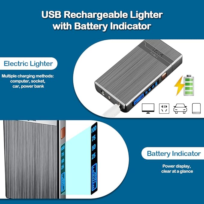 Electric Lighters Rechargeable USB Lighter, Plasma Dual Arc Lighter, Windproof Flameless Cool Lighters for Candles, Incense Stick, Outdoor Camping (Silver)